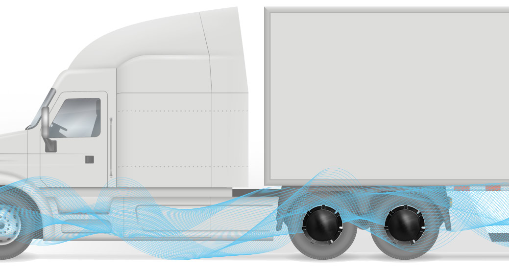 illustration of a side-profile, semi-truck with ECOCAPS and stylized air flow